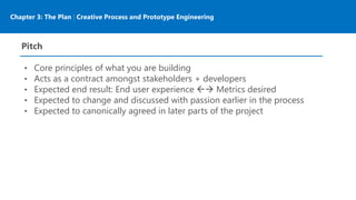 Chapter 3: The Plan | Creative Process and Prototype Engineering
Pitch
• Core principles of what you are building
• Acts as a contract amongst stakeholders + developers
• Expected end result: End user experience  Metrics desired
• Expected to change and discussed with passion earlier in the process
• Expected to canonically agreed in later parts of the project
 