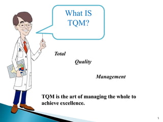 What IS
TQM?
TQM is the art of managing the whole to
achieve excellence.
Total
Quality
Management
5
 