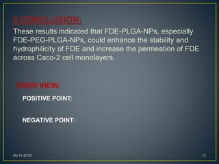 These results indicated that FDE-PLGA-NPs, especially
FDE-PEG-PLGA-NPs, could enhance the stability and
hydrophilicity of FDE and increase the permeation of FDE
across Caco-2 cell monolayers.
05-11-2015 12
OVER VIEW:
POSITIVE POINT:
NEGATIVE POINT:
 