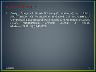 1. Gang L, Dong-hai L, Xin-xin X, Li-fang Q, Jun-teng W, Ke L. Uptake
And Transport Of Furanodiene In Caco-2 Cell Monolayers: A
Comparison Study Between Furanodiene And Furanodiene Loaded
PLGA Nanoparticles. Chinese Journal Of Natural
Medicines2013;11(1):049-055.
05-11-2015 13
 