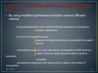 • By using modified spontaneous emulsion solvent diffusion
method:
3 mg furanodiene+25 mg PLGA(PEG-PLGA) dissolved in 2 ml acetone
slowelly injected into
15 ml of 0.2% tween80 solution
magnetic stirring at room temp. to evaporate the organic
solvent.
nanoparticle suspension was collected by centrifugation(15000 rpm/min.)
wash 3 times by using deionized water to remove
excessive
emulsifier.
nanoparticle suspension then freeze dried to obtain a fine power of
nanoparticle.
05-11-2015 5
 