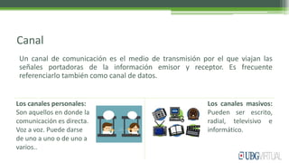 Canal
Un canal de comunicación es el medio de transmisión por el que viajan las
señales portadoras de la información emisor y receptor. Es frecuente
referenciarlo también como canal de datos.
Los canales personales:
Son aquellos en donde la
comunicación es directa.
Voz a voz. Puede darse
de uno a uno o de uno a
varios..
Los canales masivos:
Pueden ser escrito,
radial, televisivo e
informático.
 