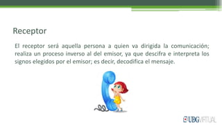 Receptor
El receptor será aquella persona a quien va dirigida la comunicación;
realiza un proceso inverso al del emisor, ya que descifra e interpreta los
signos elegidos por el emisor; es decir, decodifica el mensaje.
 