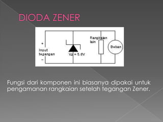 Fungsi dari komponen ini biasanya dipakai untuk
pengamanan rangkaian setelah tegangan Zener.
 