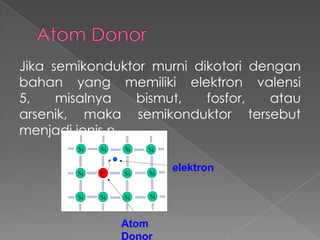 Jika semikonduktor murni dikotori dengan
bahan yang memiliki elektron valensi
5, misalnya bismut, fosfor, atau
arsenik, maka semikonduktor tersebut
menjadi jenis n.
elektron
Atom
Donor
 