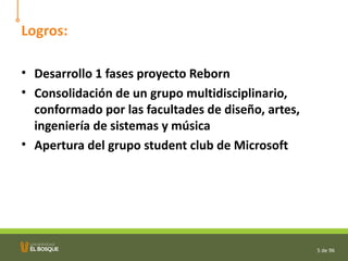 Logros: Desarrollo 1 fases proyecto Reborn Consolidación de un grupo multidisciplinario, conformado por las facultades de diseño, artes, ingeniería de sistemas y música Apertura del grupo student club de Microsoft 