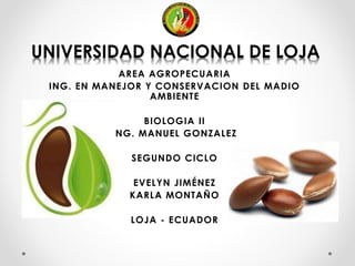 UNIVERSIDAD NACIONAL DE LOJA
AREA AGROPECUARIA
ING. EN MANEJOR Y CONSERVACION DEL MADIO
AMBIENTE
BIOLOGIA II
ING. MANUEL GONZALEZ
SEGUNDO CICLO
EVELYN JIMÉNEZ
KARLA MONTAÑO
LOJA - ECUADOR
 