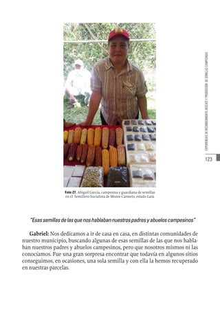 123
EXPERIENCIAS
DE
RECONOCIMIENTO,
RESCATE
Y
PRODUCCIÓN
DE
SEMILLAS
CAMPESINAS
Foto 27. Abigail García, campesina y guardiana de semillas
en el Semillero Socialista de Monte Carmelo, estado Lara.
“Esassemillasdelasquenoshablabannuestrospadresyabueloscampesinos”
Gabriel: Nos dedicamos a ir de casa en casa, en distintas comunidades de
nuestro municipio, buscando algunas de esas semillas de las que nos habla-
ban nuestros padres y abuelos campesinos, pero que nosotros mismos ni las
conocíamos. Fue una gran sorpresa encontrar que todavía en algunos sitios
conseguimos, en ocasiones, una sola semilla y con ella la hemos recuperado
en nuestras parcelas.
 