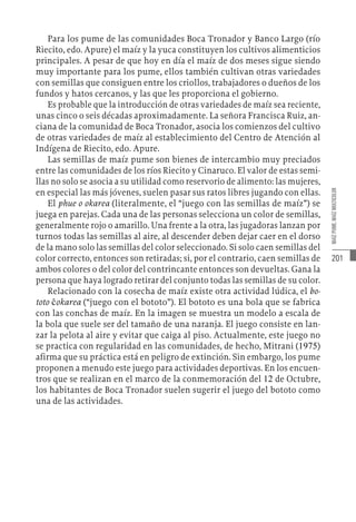 201
MAÍZ
PUME,
MAÍZ
MULTICOLOR
Para los pume de las comunidades Boca Tronador y Banco Largo (río
Riecito, edo. Apure) el maíz y la yuca constituyen los cultivos alimenticios
principales. A pesar de que hoy en día el maíz de dos meses sigue siendo
muy importante para los pume, ellos también cultivan otras variedades
con semillas que consiguen entre los criollos, trabajadores o dueños de los
fundos y hatos cercanos, y las que les proporciona el gobierno.
Es probable que la introducción de otras variedades de maíz sea reciente,
unas cinco o seis décadas aproximadamente. La señora Francisca Ruiz, an-
ciana de la comunidad de Boca Tronador, asocia los comienzos del cultivo
de otras variedades de maíz al establecimiento del Centro de Atención al
Indígena de Riecito, edo. Apure.
Las semillas de maíz pume son bienes de intercambio muy preciados
entre las comunidades de los ríos Riecito y Cinaruco. El valor de estas semi-
llas no solo se asocia a su utilidad como reservorio de alimento: las mujeres,
en especial las más jóvenes, suelen pasar sus ratos libres jugando con ellas.
El phue o okarea (literalmente, el “juego con las semillas de maíz”) se
juega en parejas. Cada una de las personas selecciona un color de semillas,
generalmente rojo o amarillo. Una frente a la otra, las jugadoras lanzan por
turnos todas las semillas al aire, al descender deben dejar caer en el dorso
de la mano solo las semillas del color seleccionado. Si solo caen semillas del
color correcto, entonces son retiradas; si, por el contrario, caen semillas de
ambos colores o del color del contrincante entonces son devueltas. Gana la
persona que haya logrado retirar del conjunto todas las semillas de su color.
Relacionado con la cosecha de maíz existe otra actividad lúdica, el bo-
toto ĉokarea (“juego con el bototo”). El bototo es una bola que se fabrica
con las conchas de maíz. En la imagen se muestra un modelo a escala de
la bola que suele ser del tamaño de una naranja. El juego consiste en lan-
zar la pelota al aire y evitar que caiga al piso. Actualmente, este juego no
se practica con regularidad en las comunidades, de hecho, Mitrani (1975)
afirma que su práctica está en peligro de extinción. Sin embargo, los pume
proponen a menudo este juego para actividades deportivas. En los encuen-
tros que se realizan en el marco de la conmemoración del 12 de Octubre,
los habitantes de Boca Tronador suelen sugerir el juego del bototo como
una de las actividades.
 