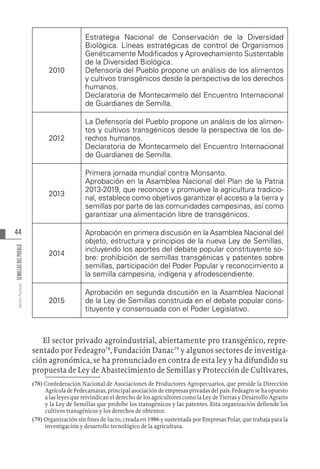 44
Varios
Autores
SEMILLAS
DEL
PUEBLO
2010
Estrategia Nacional de Conservación de la Diversidad
Biológica. Líneas estratégicas de control de Organismos
Genéticamente Modificados y Aprovechamiento Sustentable
de la Diversidad Biológica.
Defensoría del Pueblo propone un análisis de los alimentos
y cultivos transgénicos desde la perspectiva de los derechos
humanos.
Declaratoria de Montecarmelo del Encuentro Internacional
de Guardianes de Semilla.
2012
La Defensoría del Pueblo propone un análisis de los alimen-
tos y cultivos transgénicos desde la perspectiva de los de-
rechos humanos.
Declaratoria de Montecarmelo del Encuentro Internacional
de Guardianes de Semilla.
2013
Primera jornada mundial contra Monsanto.
Aprobación en la Asamblea Nacional del Plan de la Patria
2013-2019, que reconoce y promueve la agricultura tradicio-
nal, establece como objetivos garantizar el acceso a la tierra y
semillas por parte de las comunidades campesinas, así como
garantizar una alimentación libre de transgénicos.
2014
Aprobación en primera discusión en la Asamblea Nacional del
objeto, estructura y principios de la nueva Ley de Semillas,
incluyendo los aportes del debate popular constituyente so-
bre: prohibición de semillas transgénicas y patentes sobre
semillas, participación del Poder Popular y reconocimiento a
la semilla campesina, indígena y afrodescendiente.
2015
Aprobación en segunda discusión en la Asamblea Nacional
de la Ley de Semillas construida en el debate popular cons-
tituyente y consensuada con el Poder Legislativo.
El sector privado agroindustrial, abiertamente pro transgénico, repre-
sentado por Fedeagro78
, Fundación Danac79
y algunos sectores de investiga-
ción agronómica, se ha pronunciado en contra de esta ley y ha difundido su
propuesta de Ley de Abastecimiento de Semillas y Protección de Cultivares,
(78)  Confederación Nacional de Asociaciones de Productores Agropecuarios, que preside la Dirección
Agrícola de Fedecamaras, principal asociación de empresas privadas del país. Fedeagro se ha opuesto
a las leyes que reivindican el derecho de los agricultores como la Ley de Tierras y Desarrollo Agrario
y la Ley de Semillas que prohíbe los transgénicos y las patentes. Esta organización defiende los
cultivos transgénicos y los derechos de obtentor.
(79)  Organización sin fines de lucro, creada en 1986 y sustentada por Empresas Polar, que trabaja para la
investigación y desarrollo tecnológico de la agricultura.
 