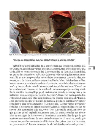 89
EXPERIENCIAS
DE
RECONOCIMIENTO,
RESCATE
Y
PRODUCCIÓN
DE
SEMILLAS
CAMPESINAS
Foto 16. Pablo Characo, productor y guardián de semillas de maíz criollo, estado Anzoátegui.
“Unadelasnecesidadesquemássalíadeahíeralafaltadesemillas”
Pablo: Yo quiero hablarles de la experiencia que tenemos nosotros allá
en Guanape, desde hace ya tres años exactamente, tres años; nosotros, una
tarde, allá en nuestra comunidad (la comunidad se llama La Escondida),
un grupo de campesinos, hablando (como se reúne cualquier persona nor-
mal allá en un campo) de las necesidades de nuestras comunidades, en-
tonces, una de las necesidades que más salía de ahí era la falta de semillas.
Nosotros somos sembradores de maíz; entre otras actividades sembramos
maíz, y bueno, decía uno de los compatriotas, de los vecinos: “¡Coye!, no
he sembrado mi conuco, no he sembrado mi conuco porque no hay semi-
lla; la semilla, cuando llega ya el invierno ha pasado y es muy cara y no
hallamos cómo comprarla, y cómo hacemos”. Esas eran las inquietudes,
entonces, bueno, sale otro campesino de la misma comunidad: “Bueno,
¿por qué nosotros mejor no nos ponemos a producir semillas?¡Producir
semillas!” y dice otro campesino: “¿Cómo es eso? ¿Cómo vamos a producir
semillas si nosotros no sabemos de eso? Además, esas semillas criollas no
sirven”. Un campesino dijo eso, y yo: “¡No! ¡La semilla criolla sí sirve! Lo
que pasa es que el capitalismo, en este caso, las trasnacionales por años y
años se encargan de hacerle ver a las mismas comunidades de que lo que
nosotros tenemos dentro de nuestro ámbito territorial no sirve, que lo que
sirve es lo que ellos nos traen de allá afuera; claro, sirve para sus intereses,
no para nosotros”. Bueno, entonces de ahí salió toda esa idea de producir
 