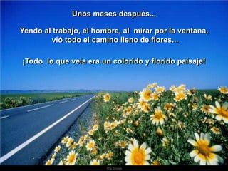 Ria SlidesUnos meses después...Yendo al trabajo, el hombre, al  mirar por la ventana, vió todo el camino lleno de flores...¡Todo  lo que veía era un colorido y florido paisaje! 