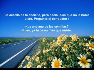 Se acordó de la anciana, pero hacía  días que no la había visto. Preguntó al conductor : ¿La anciana de las semillas?  Pues, ya hace un mes que murió.  . 