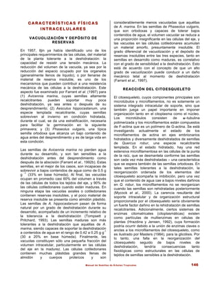 Manual de Semillas de Árboles Tropicales 146
C A R A C T E R Í S T I C A S F Í S I C A S
C A R A C T E R Í S T I C A S F Í S I C A S
I N T R A C E L U L A R E S
I N T R A C E L U L A R E S
VACUOLIZACIÓN Y DEPÓSITO DE
RESERVAS
En 1957, Iljin ya había identificado uno de los
principales requerimientos de las células, del material
de la planta tolerante a la deshidratación: la
capacidad de resistir una tensión mecánica. La
reducción del volumen de la vacuola, ya sea por la
reducción del espacio ocupado por los organelos
(generalmente llenos de líquido), o por llenarse de
material de reserva insoluble, es uno de los
mecanismos que pueden contribuir a una resistencia
mecánica de las células a la deshidratación. Este
aspecto fue examinado por Farrant et al. (1997) para
(1) Avicennia marina, cuyas semillas altamente
recalcitrantes pueden soportar muy poca
deshidratación, ya sea antes o después de su
desprendimiento; (2) Aesculus hippocastanum, una
especie templada recalcitrante, cuyas semillas
sobreviven al invierno en condición hidratada,
durante el cual, se da una estratificación, necesaria
para facilitar la germinación en la siguiente
primavera; y (3) Phaseolus vulgaris, una típica
semilla ortodoxa que alcanza un bajo contenido de
agua antes del desprendimiento y es de larga vida en
esta condición.
Las semillas de Avicennia marina no pierden agua
durante su desarrollo, y son tan sensibles a la
deshidratación antes del desprendimiento como
después de la abscisión (Farrant et al., 1992b). Estas
semillas, en el mejor de los casos, son incapaces de
sobrevivir a bajos contenidos de agua como de 0.5 g
g
-1
(33% en base húmeda). Al final, las vacuolas
ocupan en promedio casi 60% del volumen a través
de las células de todos los tejidos del eje, y 90% de
las células cotiledonares cuando están maduras. En
ninguna etapa las vacuolas axiales o cotiledonares
contienen reservas insolubles, y el poco material de
reserva insoluble se presenta como almidón plástido.
Las semillas de A. hippocastanum pasan de forma
natural por un grado de deshidratación durante su
desarrollo, acompañado de un incremento relativo de
la tolerancia a la deshidratación (Tompsett y
Pritchard, 1993). Las semillas maduras son más
tolerantes a la deshidratación que aquéllas de A.
marina, siendo capaces de soportar la deshidratación
a contenidos de agua en el rango de 0.42 a 0.25 g g
-1
(30 a 20% en base húmeda). Finalmente, las
vacuolas constituyen sólo una pequeña fracción del
volumen intracelular, particularmente en las células
del eje en la madurez. Las células cotiledonares
contienen muchas plástidas grandes llenas de
almidón y cuerpos proteícos y son
considerablemente menos vacuoladas que aquéllas
de A. marina. En las semillas de Phaseolus vulgaris,
que son ortodoxas y capaces de tolerar bajos
contenidos de agua, el volumen vacuolar se reduce a
una proporción insignificante en las células del eje, y
las vacuolas en las células cotiledonares acumulan
un material amorfo, presuntamente insoluble. El
grado diferencial de vacuolización y el depósito de
reservas insolubles entre las tres especies, tanto en
semillas en desarrollo como maduras, es correlativo
con el grado de sensibilidad a la deshidratación. Esto
está de acuerdo con el concepto de que un alto
grado de vacuolización puede conducir a un daño
mecánico letal al momento de deshidratación
(Farrant et al., 1997).
REACCIÓN DEL CITOESQUELETO
El citoesqueleto, cuyos componentes principales son
microtúbulos y microfilamentos, no es solamente un
sistema integrado intracelular de soporte, sino que
también juega un papel importante en imponer
organización tanto en el citoplasma como el núcleo.
Los microtúbulos consisten de α–tubulina
polimerizada y los microfilamentos están compuestos
de F-actina que es un polímero de G-actina. Se está
investigando actualmente el estado de los
microfilamentos de actina en ejes embrionarios
hidratados y diversamente deshidratados de semillas
de Quercus robur, una especie recalcitrante
templada. En el estado hidratado, hay una red
extensiva microfilamentosa en las células de la punta
de la raíz, que se desmantela conforme las semillas
son cada vez más deshidratadas – una característica
que se espera también de las semillas ortodoxas. En
tales semillas tolerantes a la deshidratación, la
reorganización ordenada de los elementos del
citoesqueleto acompaña la imbibición, pero una vez
que el contenido de agua cae a bajos niveles dañinos
en Q. robur, los microfilamentos no se reorganizan
cuando las semillas son rehidratadas posteriormente
(Mycock et al., 2000). La carencia resultante del
soporte intracelular y de organización estructural
proporcionada por el citoesqueleto sería obviamente
un fuerte factor dañino en la rehidratación de semillas
recalcitrantes. Adicionalmente, ciertos sistemas de
enzimas citomatricales (citoplasmáticas) existen
como partículas de multienzimas en células de
plantas (Hrazdina y Jensen, 1992), cuya formación
podría ocurrir debido a la unión de enzimas claves o
anclas a los microfilamentos del citoesqueleto, como
es ilustrado por Masters (1984), para la glicólisis. Por
lo tanto, una falla en la reorganización del
citoesqueleto seguido de bajos niveles de
deshidratación, tendría consecuencias tanto
fisiológicas como estructurales en las células de
tejidos de semillas sensibles a la deshidratación.
 