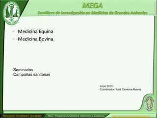 MEGA
                              Semillero de Investigación en Medicina de Grandes Animales



        • Medicina Equina
        • Medicina Bovina




         Seminarios
         Campañas sanitarias

                                                                                   Inicio:2010
                                                                                   Coordinador: José Cardona Álvarez




Renovación Acreditación de Calidad   MVZ - Programa de Medicina Veterinaria y Zootécnia     http//mvz.www3.unicordoba.edu.co/
 