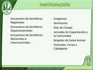 PARTICIPACIÓN

        • Encuentros de Semilleros                                   • Congresos
          Regionales                                                 • Seminarios
        • Encuentros de Semilleros                                   • Días de Campo
          Departamentales                                            • Jornadas de Capacitación a
        • Encuentros de Semilleros                                     la Comunidad
          Nacionales e                                               • Brigadas de Salud Animal
          Internacionales.
                                                                     • Festivales, Ferias y
                                                                       Cabalgatas.




Renovación Acreditación de Calidad   MVZ - Programa de Medicina Veterinaria y Zootécnia   http//mvz.www3.unicordoba.edu.co/
 