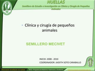 HUELLAS
                             Semillero de Estudio e Investigación en Clínica y Cirugía de Pequeños
                                                           Animales




                            • Clínica y cirugía de pequeños
                                         animales


                                     SEMILLERO MECIVET


                                                     INICIO: 2008 - 2010
                                                     COORDINADOR: JAIDITH SOTO CARABALLO

Renovación Acreditación de Calidad    MVZ - Programa de Medicina Veterinaria y Zootécnia   http//mvz.www3.unicordoba.edu.co/
 