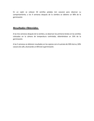 En un cajón se colocan 50 semillas peladas (sin cascara) para observar su
comportamiento; a las 4 semanas después de la siembra se obtiene un 90% de la
germinación




Resultados Obtenidos.

A las tres semanas después de la siembra, se observan los primeros brotes en las semillas
colocadas en la cámara de temperatura controlada, obteniéndose un 33% de la
germinación.

A las 5 semanas se obtienen resultados en los cajones con el sustrato de 50% tierra y 50%
cascara de café, alcanzando un 85% de la germinación.
 
