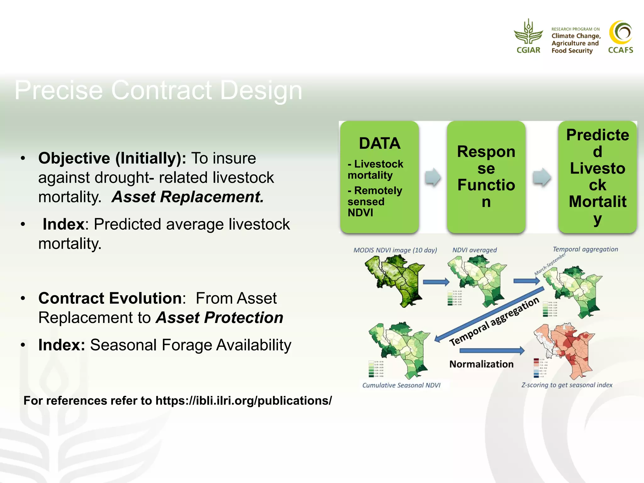 Precise Contract Design
• Objective (Initially): To insure
against drought- related livestock
mortality. Asset Replacement.
• Index: Predicted average livestock
mortality.
• Contract Evolution: From Asset
Replacement to Asset Protection
• Index: Seasonal Forage Availability
For references refer to https://ibli.ilri.org/publications/
DATA
- Livestock
mortality
- Remotely
sensed
NDVI
Respon
se
Functio
n
Predicte
d
Livesto
ck
Mortalit
y
 