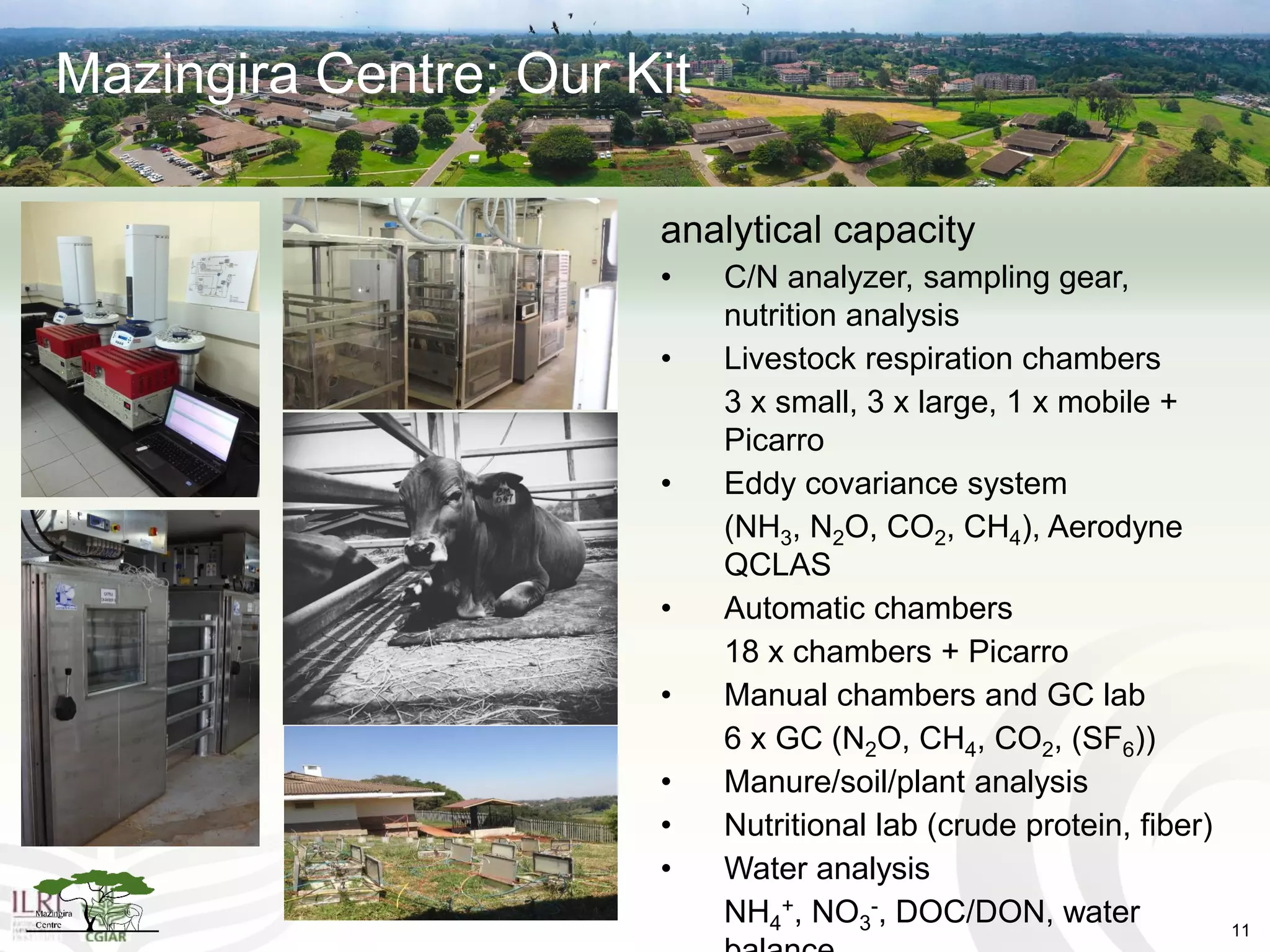 analytical capacity
• C/N analyzer, sampling gear,
nutrition analysis
• Livestock respiration chambers
3 x small, 3 x large, 1 x mobile +
Picarro
• Eddy covariance system
(NH3, N2O, CO2, CH4), Aerodyne
QCLAS
• Automatic chambers
18 x chambers + Picarro
• Manual chambers and GC lab
6 x GC (N2O, CH4, CO2, (SF6))
• Manure/soil/plant analysis
• Nutritional lab (crude protein, fiber)
• Water analysis
NH4
+, NO3
-, DOC/DON, water
Mazingira Centre: Our Kit
11
 