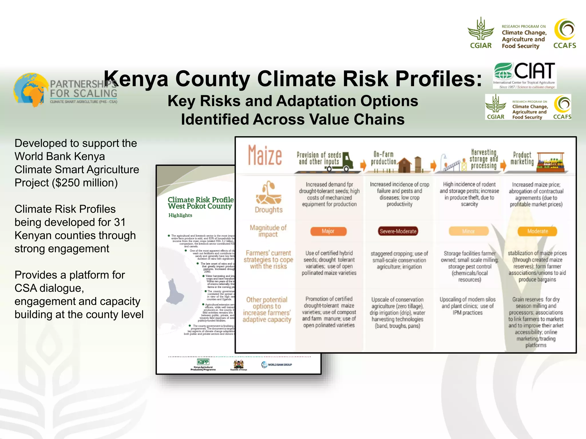 Kenya County Climate Risk Profiles:
Key Risks and Adaptation Options
Identified Across Value Chains
Developed to support the
World Bank Kenya
Climate Smart Agriculture
Project ($250 million)
Climate Risk Profiles
being developed for 31
Kenyan counties through
strong engagement
Provides a platform for
CSA dialogue,
engagement and capacity
building at the county level
 