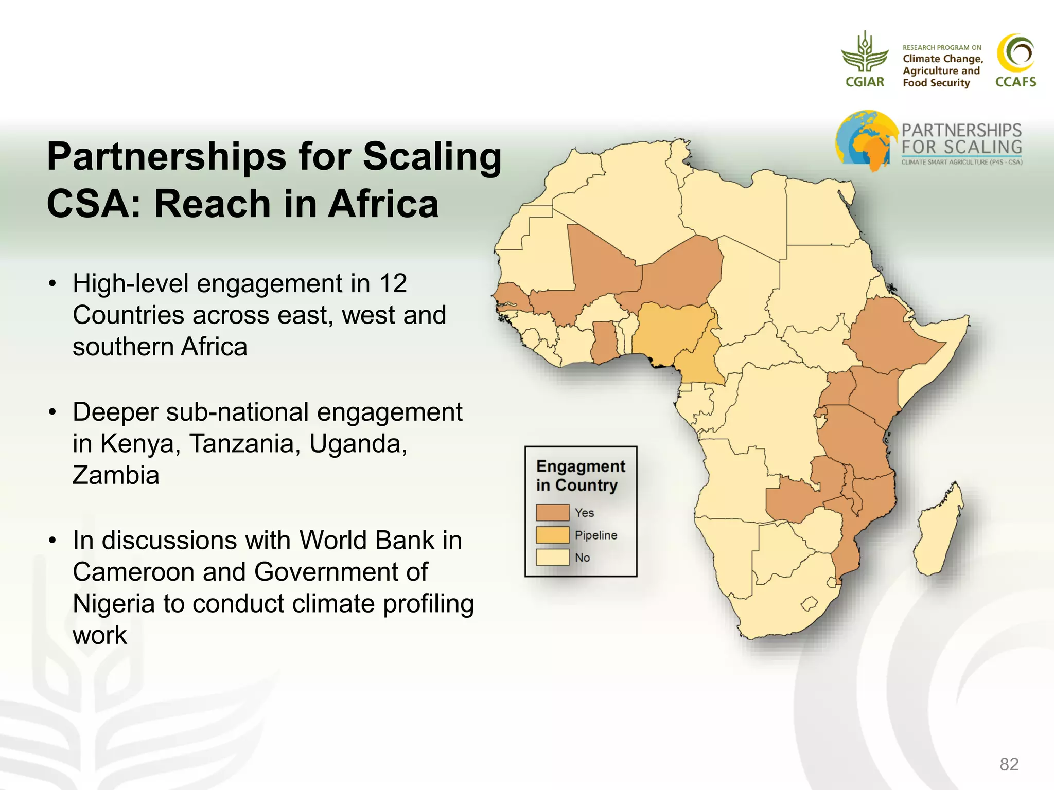 82
• High-level engagement in 12
Countries across east, west and
southern Africa
• Deeper sub-national engagement
in Kenya, Tanzania, Uganda,
Zambia
• In discussions with World Bank in
Cameroon and Government of
Nigeria to conduct climate profiling
work
Partnerships for Scaling
CSA: Reach in Africa
 