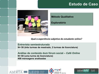 Método Qualitativo
Exploratório
Estudo de Caso
Entrevista semiestruturada
N= 50 (três turmas de mestrado, 2 turmas de licenciatura)
Análise de conteúdo dum fórum social – Café Online
N= 60 (uma turma de licenciatura)
408 mensagens analisadas
Qual a experiência subjetiva do estudante online?
6/15
 