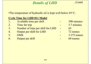 Details of LHD                      ..Contd


•The temperature of hydraulic oil is kept well below 65o C.
Cycle Time for LHD 811 Model
1.     Available time per shift              -      390 minutes
2.     Time for trip                         -      5.7 minutes
3.     Number of trips per shift for LHD     -      65
4.     Output per shift for LHD              -      72 tonnes
5.     OMS                                   -      3.375 tonnes
6.     Output per drill                      -      60 tonnes




                               ISN
 