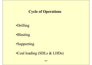 Cycle of Operations


•Drilling

•Blasting

•Supporting

•Coal loading (SDLs & LHDs)
                 ISN
 