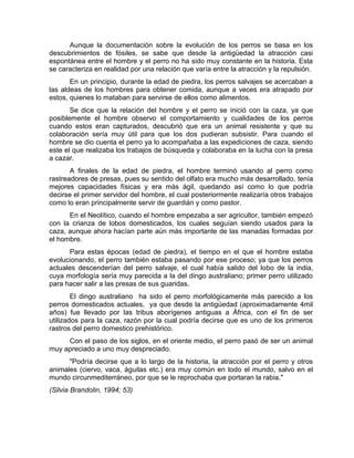 Aunque la documentación sobre la evolución de los perros se basa en los 
descubrimientos de fósiles, se sabe que desde la antigüedad la atracción casi 
espontánea entre el hombre y el perro no ha sido muy constante en la historia. Esta 
se caracteriza en realidad por una relación que varía entre la atracción y la repulsión. 
En un principio, durante la edad de piedra, los perros salvajes se acercaban a 
las aldeas de los hombres para obtener comida, aunque a veces era atrapado por 
estos, quienes lo mataban para servirse de ellos como alimentos. 
Se dice que la relación del hombre y el perro se inició con la caza, ya que 
posiblemente el hombre observo el comportamiento y cualidades de los perros 
cuando estos eran capturados, descubrió que era un animal resistente y que su 
colaboración sería muy útil para que los dos pudieran subsistir. Para cuando el 
hombre se dio cuenta el perro ya lo acompañaba a las expediciones de caza, siendo 
este el que realizaba los trabajos de búsqueda y colaboraba en la lucha con la presa 
a cazar. 
A finales de la edad de piedra, el hombre terminó usando al perro como 
rastreadores de presas, pues su sentido del olfato era mucho más desarrollado, tenía 
mejores capacidades físicas y era más ágil, quedando así como lo que podría 
decirse el primer servidor del hombre, el cual posteriormente realizaría otros trabajos 
como lo eran principalmente servir de guardián y como pastor. 
En el Neolítico, cuando el hombre empezaba a ser agricultor, también empezó 
con la crianza de lobos domesticados, los cuales seguían siendo usados para la 
caza, aunque ahora hacían parte aún más importante de las manadas formadas por 
el hombre. 
Para estas épocas (edad de piedra), el tiempo en el que el hombre estaba 
evolucionando, el perro también estaba pasando por ese proceso; ya que los perros 
actuales descenderían del perro salvaje, el cual había salido del lobo de la india, 
cuya morfología sería muy parecida a la del dingo australiano; primer perro utilizado 
para hacer salir a las presas de sus guaridas. 
El dingo australiano ha sido el perro morfológicamente más parecido a los 
perros domesticados actuales, ya que desde la antigüedad (aproximadamente 4mil 
años) fue llevado por las tribus aborígenes antiguas a África, con el fin de ser 
utilizados para la caza, razón por la cual podría decirse que es uno de los primeros 
rastros del perro domestico prehistórico. 
Con el paso de los siglos, en el oriente medio, el perro pasó de ser un animal 
muy apreciado a uno muy despreciado. 
"Podría decirse que a lo largo de la historia, la atracción por el perro y otros 
animales (ciervo, vaca, águilas etc.) era muy común en todo el mundo, salvo en el 
mundo circunmediterráneo, por que se le reprochaba que portaran la rabia." 
(Silvia Brandolin, 1994; 53) 
 