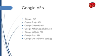 Google APIs
 Google+ API
 Google Books API
 Google Calendar API
 Google APIs Discovery Service
 Google Latitude API
 Google Tasks API
 Google URL Shortener (goo.gl)
 