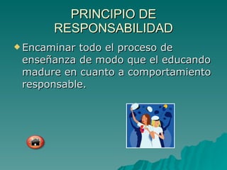 PRINCIPIO DE RESPONSABILIDAD Encaminar todo el proceso de enseñanza de modo que el educando madure en cuanto a comportamiento responsable. 