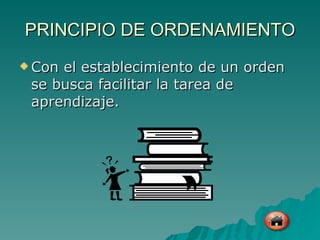 PRINCIPIO DE ORDENAMIENTO Con el establecimiento de un orden se busca facilitar la tarea de aprendizaje. 