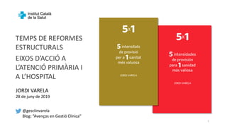 TEMPS DE REFORMES
ESTRUCTURALS
EIXOS D’ACCIÓ A
L’ATENCIÓ PRIMÀRIA I
A L’HOSPITAL
1
JORDI VARELA
28 de juny de 2019
@gesclinvarela
Blog: “Avenços en Gestió Clínica”
 