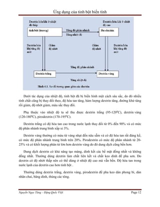 Ứng dụng của tinh bột biến tính

Dưới tác dụng của nhiệt độ, tinh bột đã bị biến hình một cách sâu sắc, do đó nhiều
tính chất cũng bị thay đổi theo, độ hòa tan tăng, hàm lượng dextrin tăng, đường khử tăng
rồi giảm, độ nhớt giảm, màu sắc thay đổi.
Phụ thuộc vào nhiệt độ ta sẽ thu được dextrin trắng (95-1200C), dextrin vàng
(120-1800C), pirodextrin (170-1950C).
Dextrin trắng có độ hòa tan cao trong nước lạnh thay đổi từ 0% đến 90% và có mức
độ phân nhánh trung bình xấp xỉ 3%.
Dextrin vàng thường có màu từ vàng nhạt đến nâu sẫm và có độ hòa tan rất đáng kể,
có mức độ phân nhánh trung bình trên 20%. Pirodextrin có mức độ phân nhánh từ 2025% và có khối lượng phân tử lớn hơn dextrin vàng do đó dung dịch cũng bền hơn.
Dung dịch dextrin có khả năng tạo màng, dính kết các bề mặt đồng nhất và không
đồng nhất. Thường dùng dextrin làm chất liên kết và chất keo dính để pha sơn. Do
dextrin có độ nhớt thấp nên có thể dùng ở nhiệt độ cao mà vẫn bền. Độ hòa tan trong
nước lạnh của dextrin cao hơn tinh bột .
Thường dùng dextrin trắng, dextrin vàng, pirodextrin để pha keo dán phong bì, dán
nhãn chai, băng dính, thùng các tông.

Nguyễn Ngọc Tăng – Đặng Quốc Việt

Page 12

 