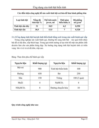 Ứng dụng của tinh bột biến tính
Các điều kiện công nghệ để sản xuất tinh bột oxi hóa để làm bánh phồng tôm
Loại tinh bột

Nồng độ
tinh bột %

Thể tích nước
javen, ml

Thời gian
biến hình, h

Độ phồng
nở g/cm3

Tinh bột sắn dây

31

10,5

6,2

0,350

30,5

13,5

7

0,328

Tinh bột sắn

3.1.3.Ứng dụng tinh bột huỳnh tinh biến hình bằng axit trong sản xuất bánh qui xốp
Trong công nghiệp sản xuất bánh qui, thường bổ sung tinh bột vào quá trình nhào
bột để có độ dòn, xốp thích hợp. Trong quá trình nướng sẽ tạo trên bề mặt sản phẩm chất
dextrin làm cho sản phẩm bóng đẹp. Xu hướng ứng dụng tinh bột huỳnh tinh có triển
vọng lớn vì rẻ và có độ dòn, xốp cao.

Bảng. Thực đơn pha chế bánh qui xốp

Khối lượng (g)

Nguyên liệu

Khối lượng (g)

900

Tinh bột biến hình

100

Đường

450

Bơ

250

Sữa

150

Trứng

180 (3 quả)

Muối

4

NaHCO3

4

NH4HCO3

8

Đường chuyển hóa

10

Nguyên liệu
Bột mì

Quy trình công nghệ như sau:

Nguyễn Ngọc Tăng – Đặng Quốc Việt

Page 23

 