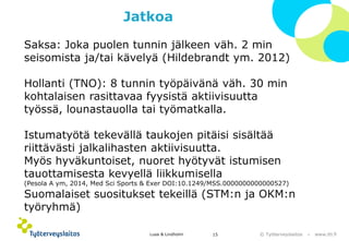 © Työterveyslaitos –www.ttl.fi 
Jatkoa 
Lusa & Lindholm 15 
Saksa: Joka puolen tunnin jälkeen väh. 2 min seisomista ja/tai kävelyä (Hildebrandtym. 2012) 
Hollanti (TNO): 8 tunnin työpäivänä väh. 30 min kohtalaisen rasittavaa fyysistä aktiivisuutta työssä, lounastauolla tai työmatkalla. 
Istumatyötä tekevällä taukojen pitäisi sisältää riittävästi jalkalihasten aktiivisuutta. 
Myös hyväkuntoiset, nuoret hyötyvät istumisen tauottamisesta kevyellä liikkumisella 
(Pesola A ym, 2014, MedSciSports & ExerDOI:10.1249/MSS.0000000000000527) 
Suomalaiset suositukset tekeillä (STM:nja OKM:ntyöryhmä)  