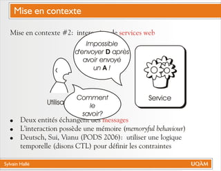 Sylvain Hallé
Mise en contexte #2: interaction de
! Deux entités échangent des
! L'interaction possède une mémoire (memoryful behaviour)
! Deutsch, Sui, Vianu (PODS 2006): utiliser une logique
temporelle (disons CTL) pour définir les contraintes
services web
messages
Utilisateur
Service
Impossible
d'envoyer D après
avoir envoyé
un A !
Comment
le
savoir?
Mise en contexte
 