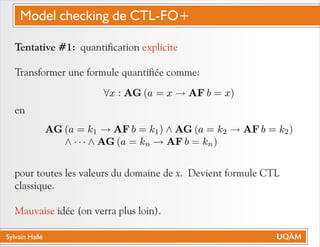Sylvain Hallé
Tentative #1: quantification
Transformer une formule quantifiée comme:
en
pour toutes les valeurs du domaine de x. Devient formule CTL
classique.
idée (on verra plus loin).
explicite
Mauvaise
Model checking de CTL-FO+
 