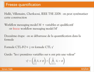 Sylvain Hallé
Hallé, Villemaire, Cherkaoui, IEEE TSE 2008: on peut systématiser
cette construction
Workflow messaging model M + variables et qualificatif
workflow messaging model M'
Deuxième étape: on se débarrasse de la quantification dans la
formule
Formule CTL-FO+ j formule CTL y'
Garde: "les t premières variables sur n ont pris une valeur"
Þ
Þ
freeze
Freeze quantification
 