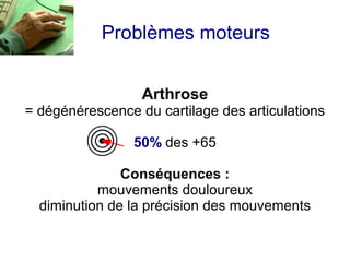 Problèmes moteurs


                  Arthrose
= dégénérescence du cartilage des articulations

                 50% des +65

               Conséquences :
           mouvements douloureux
  diminution de la précision des mouvements
 