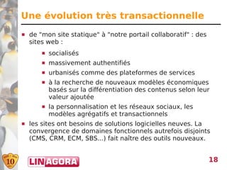 Une évolution très transactionnelle
   de "mon site statique" à "notre portail collaboratif" : des
    sites web :
           socialisés
           massivement authentifiés
           urbanisés comme des plateformes de services
           à la recherche de nouveaux modèles économiques
            basés sur la différentiation des contenus selon leur
            valeur ajoutée
           la personnalisation et les réseaux sociaux, les
            modèles agrégatifs et transactionnels
   les sites ont besoins de solutions logicielles neuves. La
    convergence de domaines fonctionnels autrefois disjoints
    (CMS, CRM, ECM, SBS...) fait naître des outils nouveaux.


                                                                  18
 