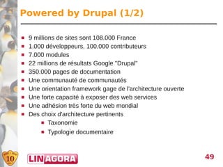 Powered by Drupal (1/2)

   9 millions de sites sont 108.000 France
   1.000 développeurs, 100.000 contributeurs
   7.000 modules
   22 millions de résultats Google "Drupal"
   350.000 pages de documentation
   Une communauté de communautés
   Une orientation framework gage de l'architecture ouverte
   Une forte capacité à exposer des web services
   Une adhésion très forte du web mondial
   Des choix d'architecture pertinents
          Taxonomie

           Typologie documentaire



                                                               49
 