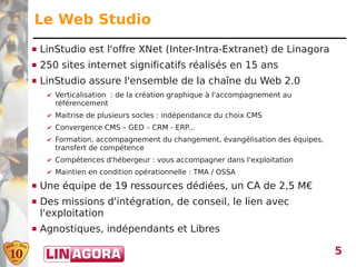 Le Web Studio
   LinStudio est l'offre XNet (Inter-Intra-Extranet) de Linagora
   250 sites internet significatifs réalisés en 15 ans
   LinStudio assure l'ensemble de la chaîne du Web 2.0
     ✔   Verticalisation : de la création graphique à l'accompagnement au
         référencement
     ✔   Maitrise de plusieurs socles : indépendance du choix CMS
     ✔   Convergence CMS – GED – CRM - ERP...
     ✔   Formation, accompagnement du changement, évangélisation des équipes,
         transfert de compétence
     ✔   Compétences d'hébergeur : vous accompagner dans l'exploitation
     ✔   Maintien en condition opérationnelle : TMA / OSSA
   Une équipe de 19 ressources dédiées, un CA de 2,5 M€
   Des missions d'intégration, de conseil, le lien avec
    l'exploitation
   Agnostiques, indépendants et Libres

                                                                                5
 