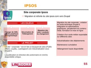 IPSOS
                        Site corporate Ipsos
                       Migration et refonte du site ipsos.com vers Drupal


                    LES ENJEUX                                  Migration du site corporate ; création
                                                                du socle technique Drupal 6,
                                                                intégration et optimisations
                                                                graphiques, peuplement du contenu
                                          Migration des         initial, formation et mise en ligne
Changer de CMS,      Sécurisation de     sites / conduite
refonte graphique    l'hébergement       du changement          Création d'un socle métier exportable
 et ergonomique
                                                                sur différents sites

                                                                Industrialisation des déploiements
                      LE PROJET
                                                                Maintenance cumulative
Le site " corporate " est en fait un bouquet de sites (Public
Affairs, Loyalty...) partageant une industrialisation sous      Hébergement haute disponibilité
Drupal 6.

La publication en direction des actionnaire en rend la
disponibilité critique.


                                                                                                  55
 