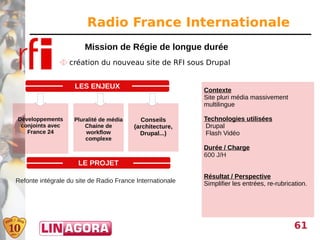 Radio France Internationale
                        Mission de Régie de longue durée
                création du nouveau site de RFI sous Drupal


                    LES ENJEUX
                                                           Contexte
                                                           Site pluri média massivement
                                                           multilingue

Développements      Pluralité de média      Conseils       Technologies utilisées
 conjoints avec         Chaine de        (architecture,     Drupal
   France 24            workflow           Drupal...)       Flash Vidéo
                        complexe
                                                           Durée / Charge
                                                           600 J/H
                     LE PROJET
                                                           Résultat / Perspective
Refonte intégrale du site de Radio France Internationale   Simplifier les entrées, re-rubrication.




                                                                                             61
 
