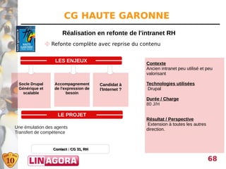 CG HAUTE GARONNE
                       Réalisation en refonte de l'intranet RH
                 Refonte complète avec reprise du contenu


                    LES ENJEUX
                                                        Contexte
                                                        Ancien intranet peu utilisé et peu
                                                        valorisant

 Socle Drupal      Accompagnement        Candidat à     Technologies utilisées
 Générique et      de l'expression de    l'Internet ?    Drupal
   scalable              besoin
                                                        Durée / Charge
                                                        80 J/H

                     LE PROJET
                                                        Résultat / Perspective
                                                        Extension à toutes les autres
Une émulation des agents                                direction.
Transfert de compétence


                   Contact : CG 31, RH

                                                                                        68
 
