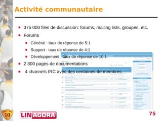 Activité communautaire

    375 000 files de discussion: forums, mailing lists, groupes, etc.
    Forums
        Général : taux de réponse de 5:1
        Support : taux de réponse de 4:1
        Développement : taux de réponse de 10:1
    2 800 pages de documentations
    4 channels IRC avec des centaines de membres




                                                                         75
 