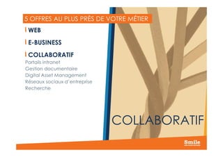 5 OFFRES AU PLUS PRÈS DE VOTRE MÉTIER
WEB
E-BUSINESS
COLLABORATIF
Portails intranet
Gestion documentaire
Digital Asset Management
12
Réseaux sociaux d’entreprise
Recherche
COLLABORATIF
 
