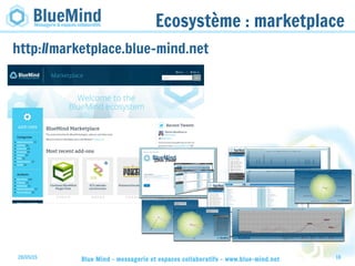 28/05/15 Blue Mind - messagerie et espaces collaboratifs - www.blue-mind.net 18
Ecosystème : marketplace
http://marketplace.blue-mind.net
 